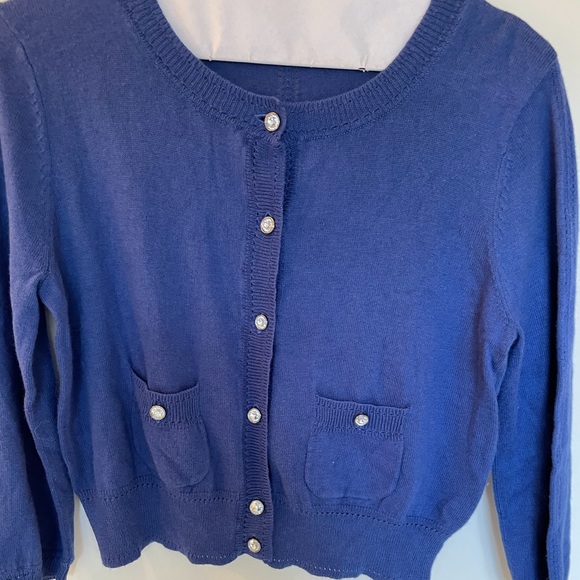Blue Dressy Cropped 3/4 Sleeve Sweater with rhinestone buttons! Never worn! - Picture 1 of 4